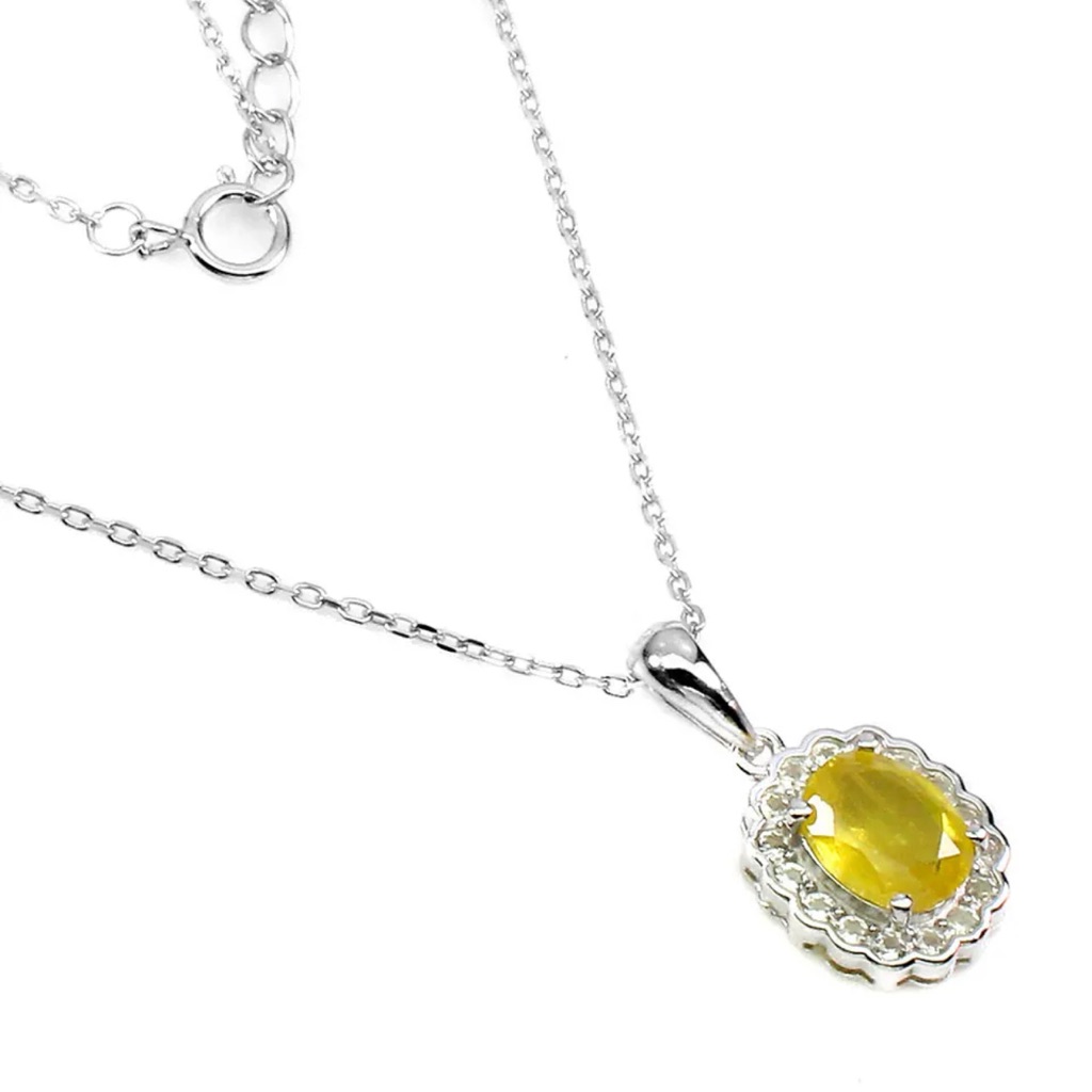 Heated Oval Natural Yellow Sapphire 8x6mm White Topaz 925 Silver Necklace 17